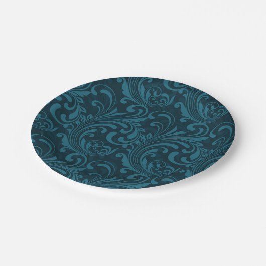 Dark teal floral damask pattern pappteller (Schrägansicht)