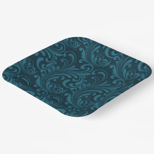 Dark teal floral damask pattern pappteller (Gewinkelt)