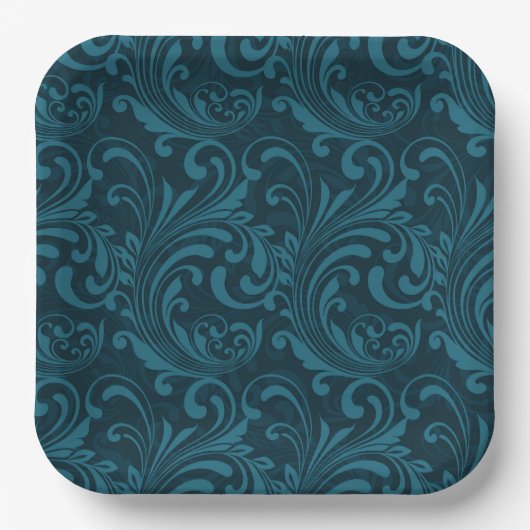 Dark teal floral damask pattern pappteller (Vorderseite)
