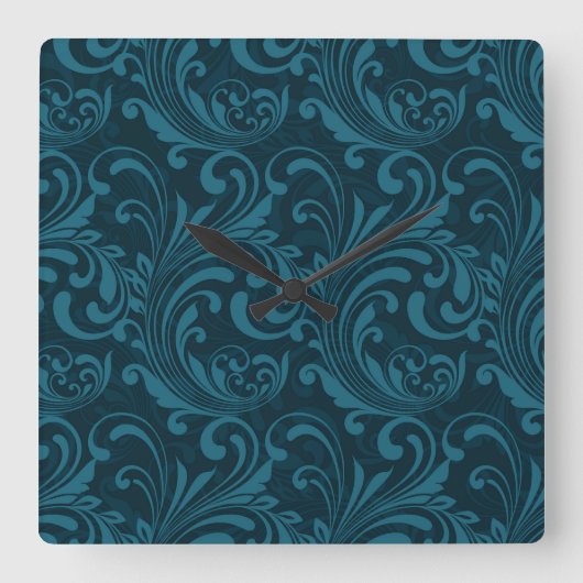 Dark teal floral damask pattern quadratische wanduhr (Vorderseite)