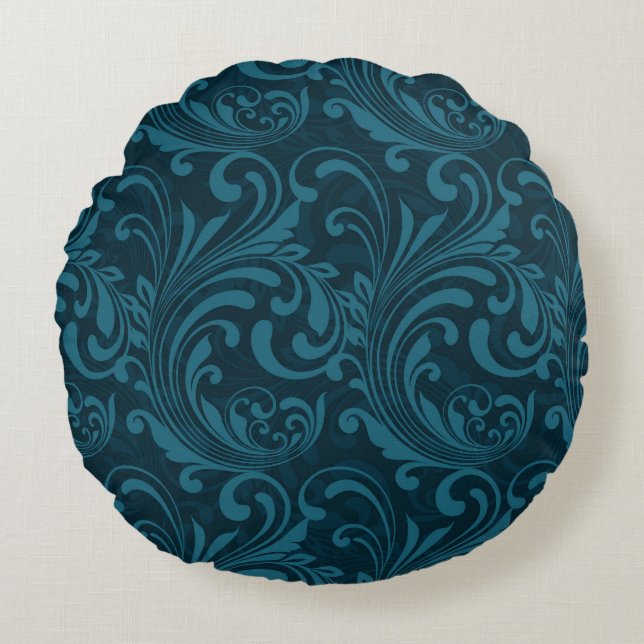 Dark teal floral damask pattern rundes kissen (Vorderseite)