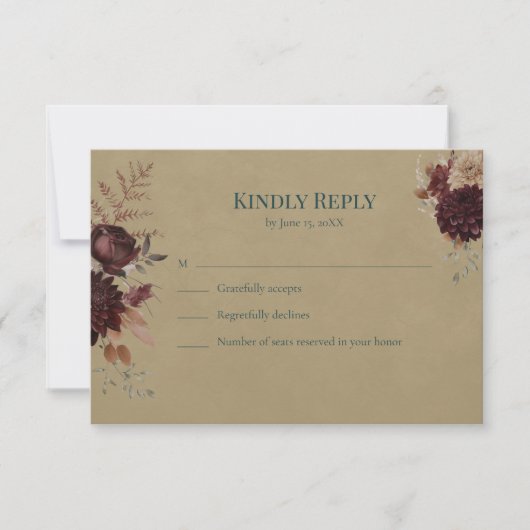 Dark Teal Floral Gothic RSVP Card (Vorderseite)