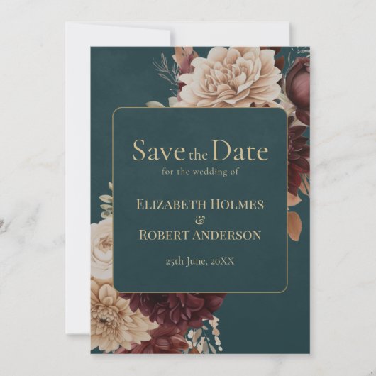 Dark Teal Floral Gothic Save the Date Einladung (Vorderseite)