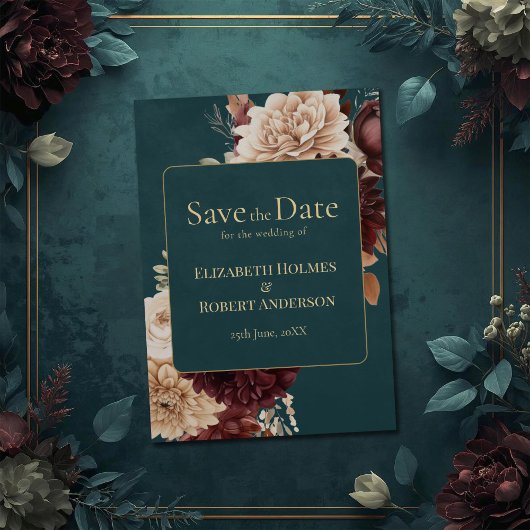 Dark Teal Floral Gothic Save the Date Einladung