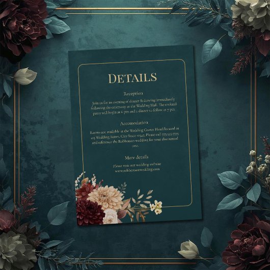 Dark Teal Floral Gothic Wedding Details Card Einladung