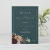 Dark Teal Floral Gothic Wedding Details Card Einladung (Stehend Vorderseite)