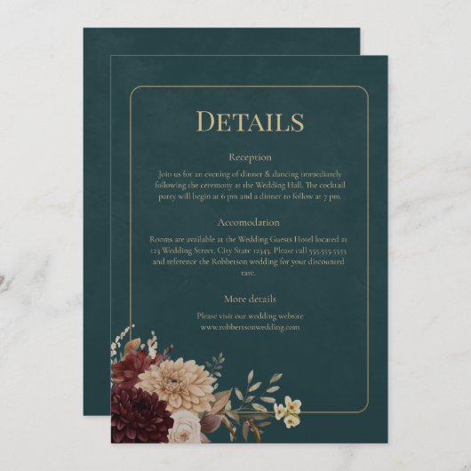 Dark Teal Floral Gothic Wedding Details Card Einladung (Vorne/Hinten)