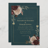 Dark Teal Floral Gothic Wedding Invitation Einladung (Vorne/Hinten)