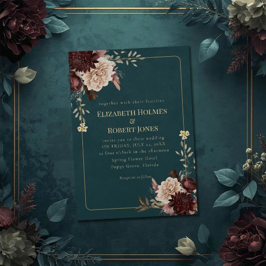Dark Teal Floral Gothic Wedding Invitation Einladung