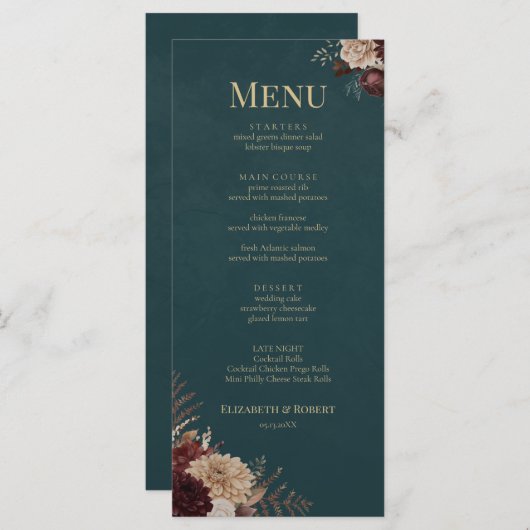 Dark Teal Floral Gothic Wedding Menu Menükarte (Vorne/Hinten)