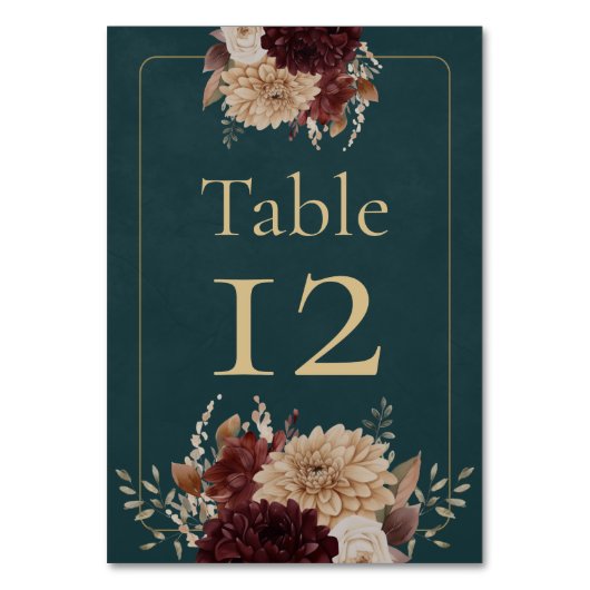 Dark Teal Floral Gothic Wedding Table Number Tischnummer (Vorderseite)