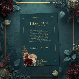 Dark Teal Floral Gothic Wedding Thank You Card Dankeskarte