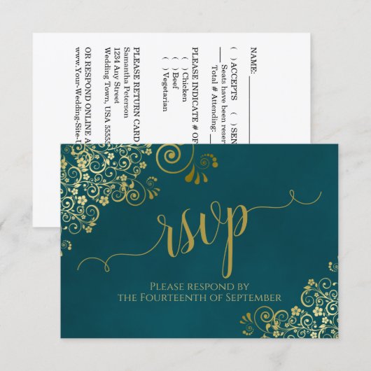 Dark Teal & Gold Elegant Lacy Calligraphy Wedding RSVP Karte (Vorne/Hinten)