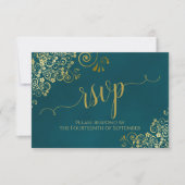Dark Teal & Gold Elegant Lacy Calligraphy Wedding RSVP Karte (Vorderseite)