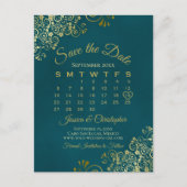 Dark Teal & Gold Wedding Save the Date Calendar Ankündigungspostkarte (Vorderseite)