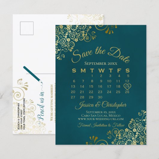 Dark Teal & Gold Wedding Save the Date Calendar Ankündigungspostkarte (Vorne/Hinten)