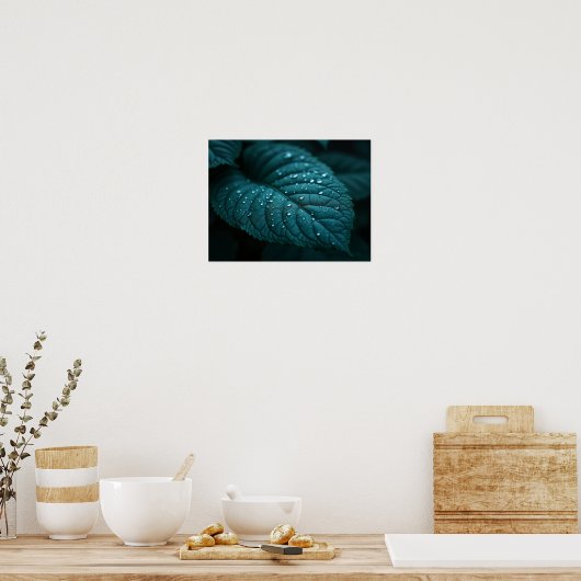 Dark Teal Macro Leaf With Rain Water Droplets Poster (Küche)