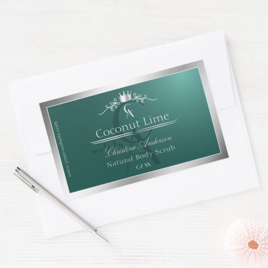 Dark Teal Product Label with Silver Frame Monogram Rechteckiger Aufkleber (Umschlag)