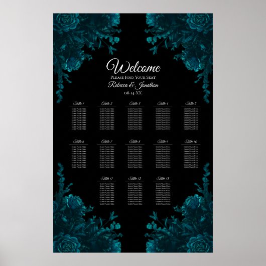 Dark Teal Roses Wedding Seating Chart Poster (Vorne)