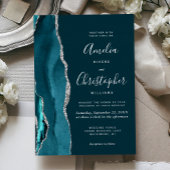 Dark Teal Silver Agate Script Wedding Folieneinladung