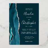 Dark Teal Silver Agate Script Wedding Folieneinladung (Vorderseite)