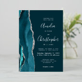 Dark Teal Silver Agate Script Wedding Folieneinladung (Stehend vorne)