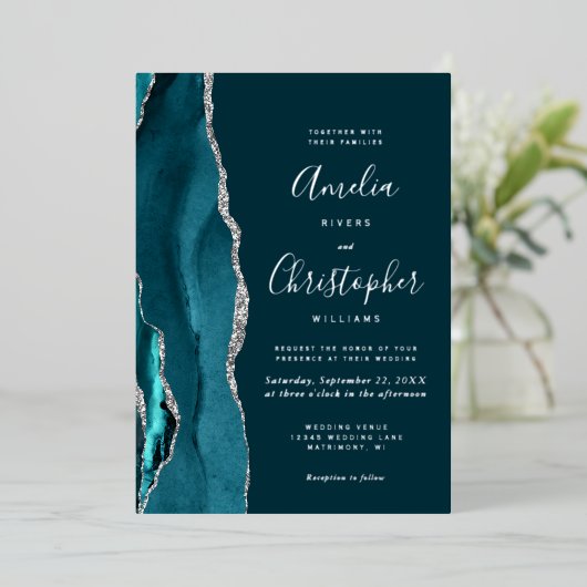 Dark Teal Silver Agate Script Wedding Folieneinladung (Stehend vorne)