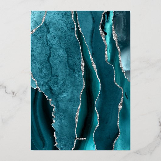 Dark Teal Silver Agate Script Wedding Folieneinladung (Rückseite)