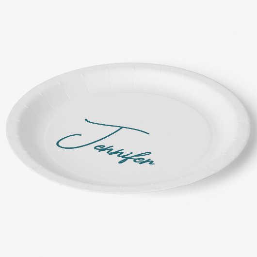 Dark Teal Trend Modern Minimalist Handwriting Name Pappteller (Schrägansicht)