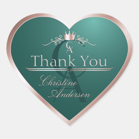 Dark Teal with Rose Gold Frame Monogram Thank You Herz-Aufkleber (Vorderseite)