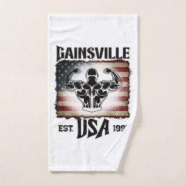 Dark Text Gainsville USA Flag Biceps Bodybuilder Handtuch