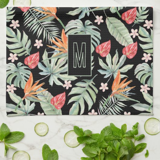 Dark Tropics Blume Foliage Fantasy mit Monogram Geschirrtuch (Gefaltet)