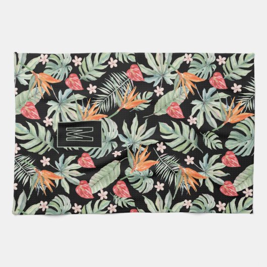 Dark Tropics Blume Foliage Fantasy mit Monogram Geschirrtuch (Horizontal)
