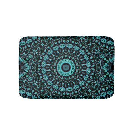 Dark Turquoise Floral Mandala Badematte (Vorderseite)