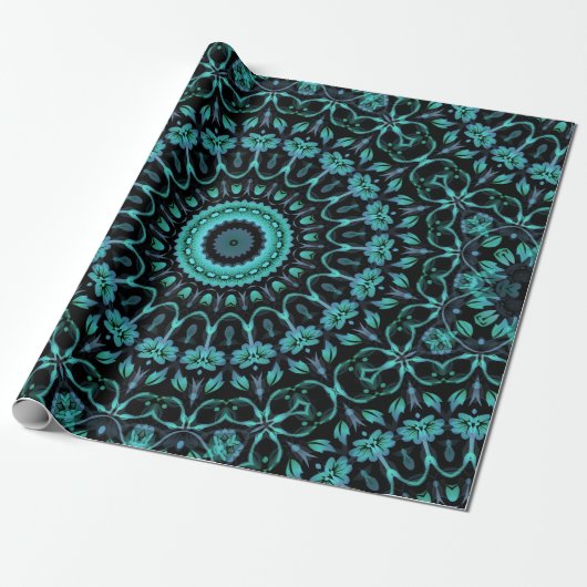 Dark Turquoise Floral Mandala Geschenkpapier (Ungerollt)