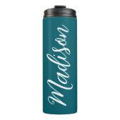 Dark Turquoise White Handwriting Script Custom Thermosbecher (Vorderseite)