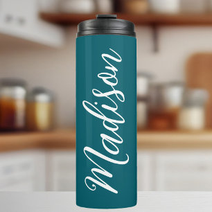 Dark Turquoise White Handwriting Script Custom Thermosbecher