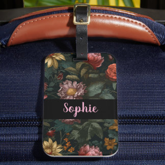 Dark Vintage Floral Custom Name Elegant Travel Gepäckanhänger