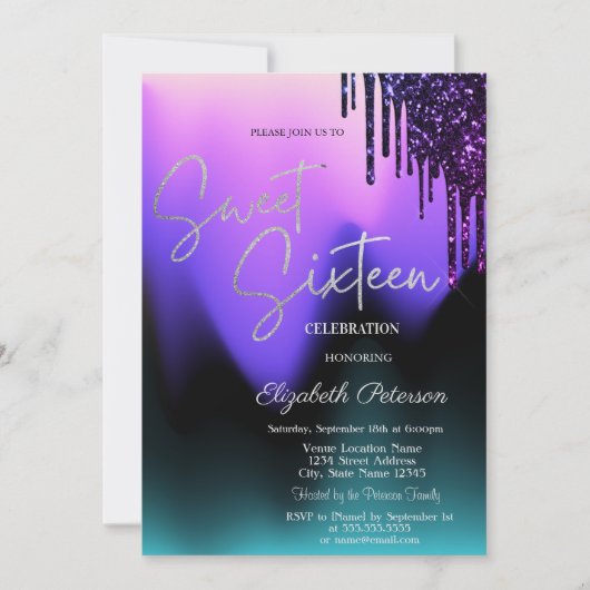 Dark Violet Glitter Drips,Ombre Sweet 16 Einladung (Vorderseite)