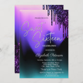 Dark Violet Glitter Drips,Ombre Sweet 16 Einladung (Vorne/Hinten)