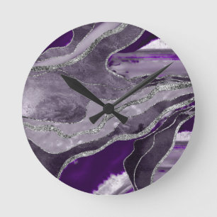 Dark Violet Marble Agate Silver Glitter Glam #1 Runde Wanduhr