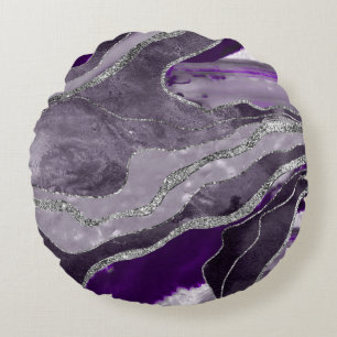 Dark Violet Marble Agate Silver Glitzer Glam #1  Rundes Kissen