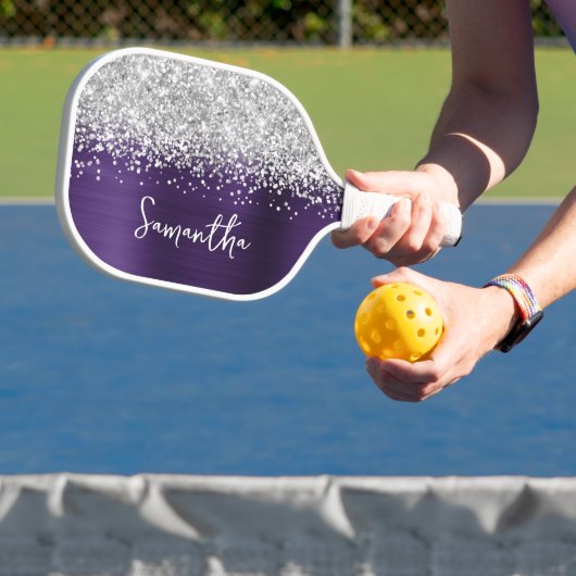 Dark Violet und Glittery Silver Glam Script Name Pickleball Schläger (InSitu)