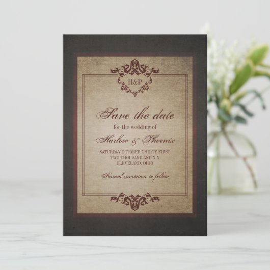 Dark Weathered Gothic Monogram Save the Date (Stehend Vorderseite)