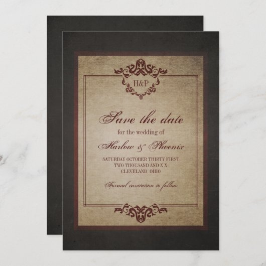 Dark Weathered Gothic Monogram Save the Date (Vorne/Hinten)