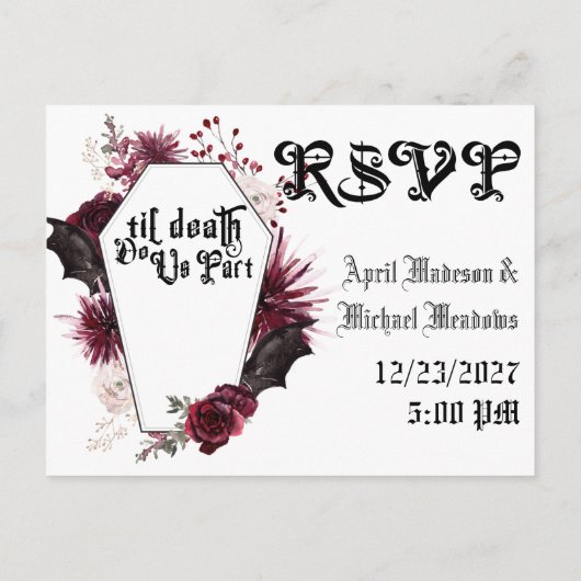 Dark Wedding Spider Web Coffin Gothic Wedding RSVP Einladungspostkarte (Rückseite)