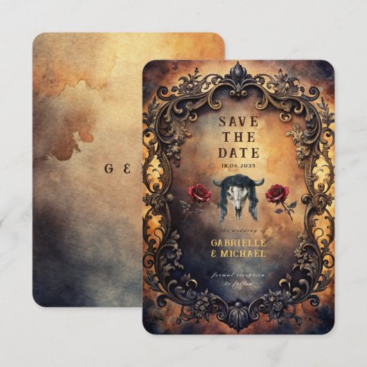 Dark Western Gothic Bull Skull & Velvet Roses Save The Date (Vorne/Hinten)
