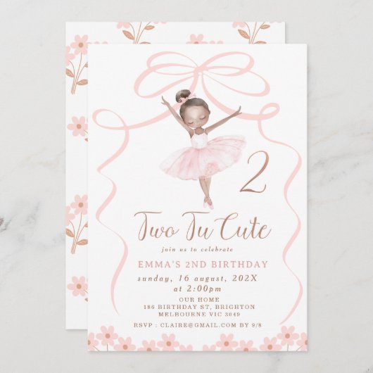 Dark Whimsical Ballerina Two Tu Niedliche Geburtst Einladung (Vorne/Hinten)
