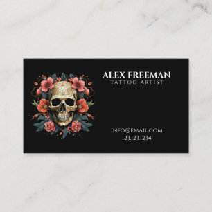 Dark White and Red Floral Skull Tattoo Artist Visitenkarte
