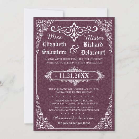 Dark Wine Gothic Viktorianisch Damask Wedites Einladung (Vorderseite)